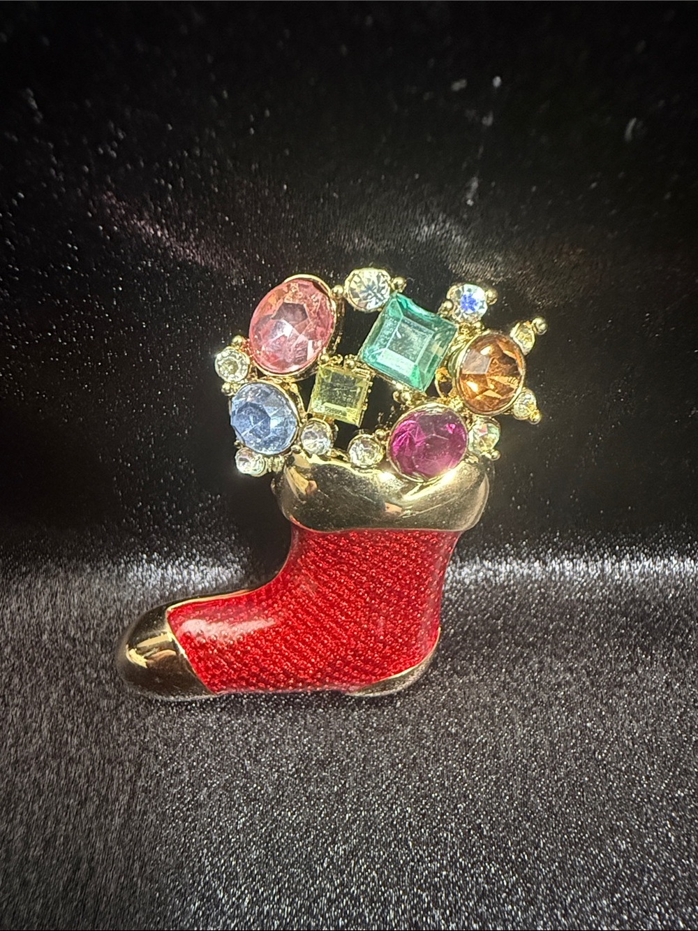 Vintage Festive Red Stocking Crystal Brooch -